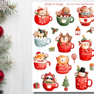 Hoja de calcomanías de animales lindos en tazas, animales navideños, chocolate caliente, calcomanías navideñas, Navidad, invierno acogedor, planificador, diario, álbum de recortes, tarjetas