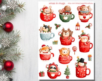 Cute Animals in mugs Sticker Sheet, Christmas Animals, Hot Cocoa, holiday stickers, xmas, cozy winter,Planner, Journal, Scrapbook, Cards