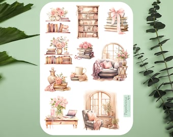 Feuille d'autocollants pour coin lecture florale, rat de bibliothèque, amoureux des livres, lecture, liseuse, confortable, booktrovert, livresque, agenda, journal intime, scrapbooking