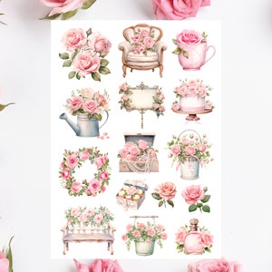 Hoja de pegatinas de rosas rosas, pegatinas de rosas, flor, floral, ramo, estética, primavera, planta, jardín, botánico, planificador, diario, álbum de recortes