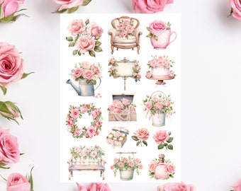Foglio di adesivi rosa, adesivi rosa, fiore, floreale, bouquet, estetico, primavera, pianta, giardino, botanico, pianificatore, diario, scrapbooking
