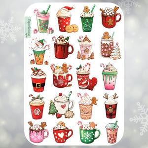 Folha de adesivos para bebidas de Natal, bebidas de Natal, chocolate quente, chocolate quente, café, latte de gengibre, planejador, diário, scrapbooking