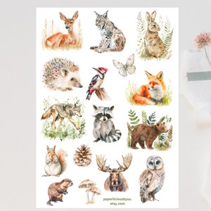 Folha de adesivos de animais da floresta, adesivos da floresta, animais da floresta, natureza, urso, raposa, coruja, veado, planejador, diário, calendário, bujo, álbum de recortes