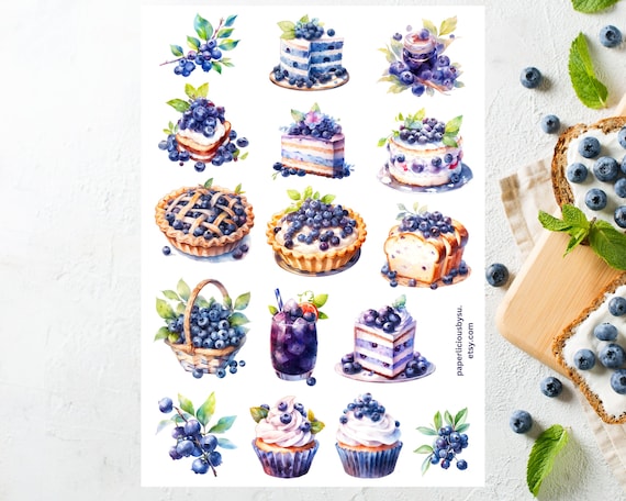Blueberry treat sticker sheet, berry stickers, berries, dessert, pie, cake, fruit, plant, gardening, nature, planner, journal, scrapbooking
