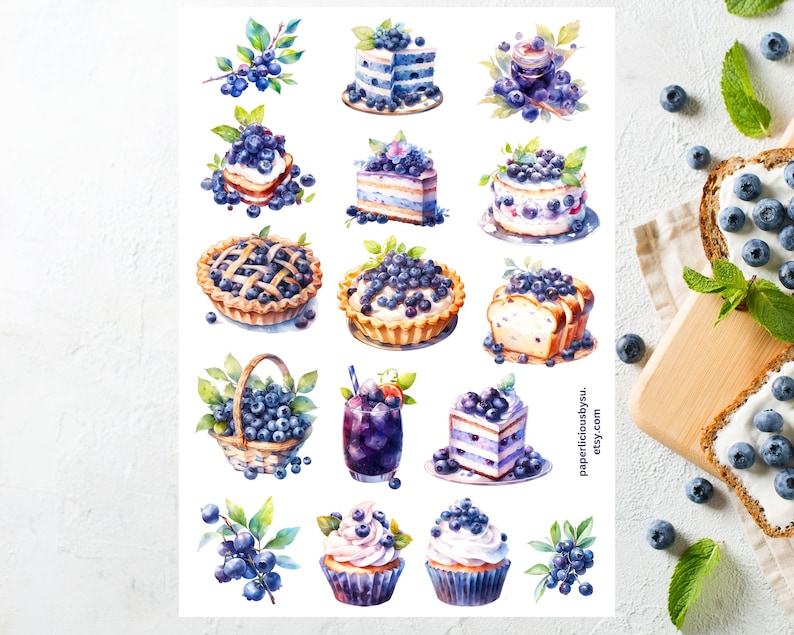 May include: A set of 15 watercolor illustrations featuring blueberry-themed baked goods, including pies, cakes, cupcakes, and a loaf of bread. The illustrations are perfect for scrapbooking, card making, and other craft projects.