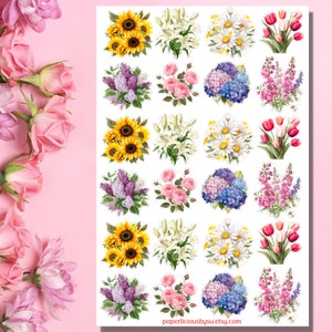 Feuille d'autocollants de bouquet floral, autocollants floraux, fleur, botanique, plantes, tournesol, rose, lys, tulipe, agenda, journal, scrapbooking