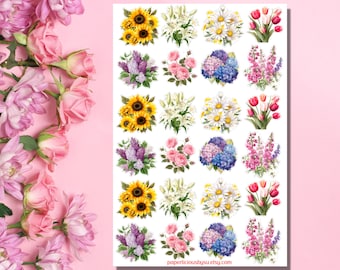 Floral Bouquet Sticker Sheet, floral stickers, flower, botanical, plants, sunflower, rose, lily, tulip, planner, journal, scrapbooking