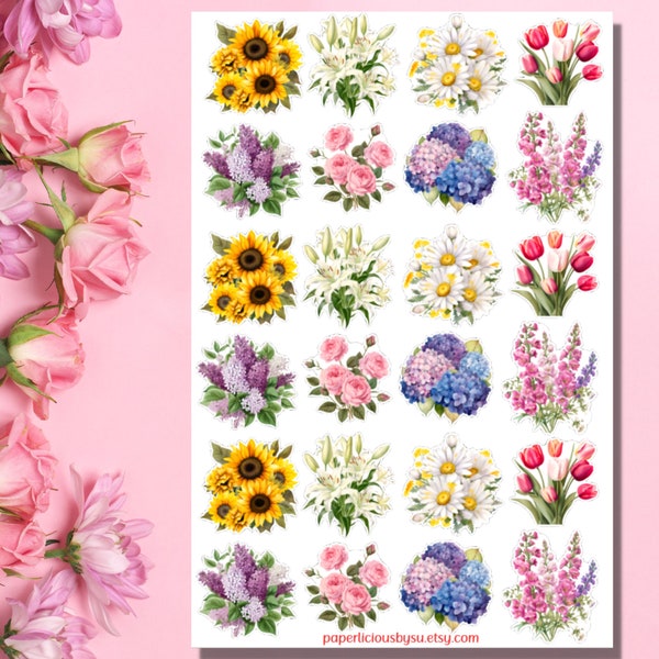 Floral Bouquet Sticker Sheet, floral stickers, flower, botanical, plants, sunflower, rose, lily, tulip, planner, journal, scrapbooking