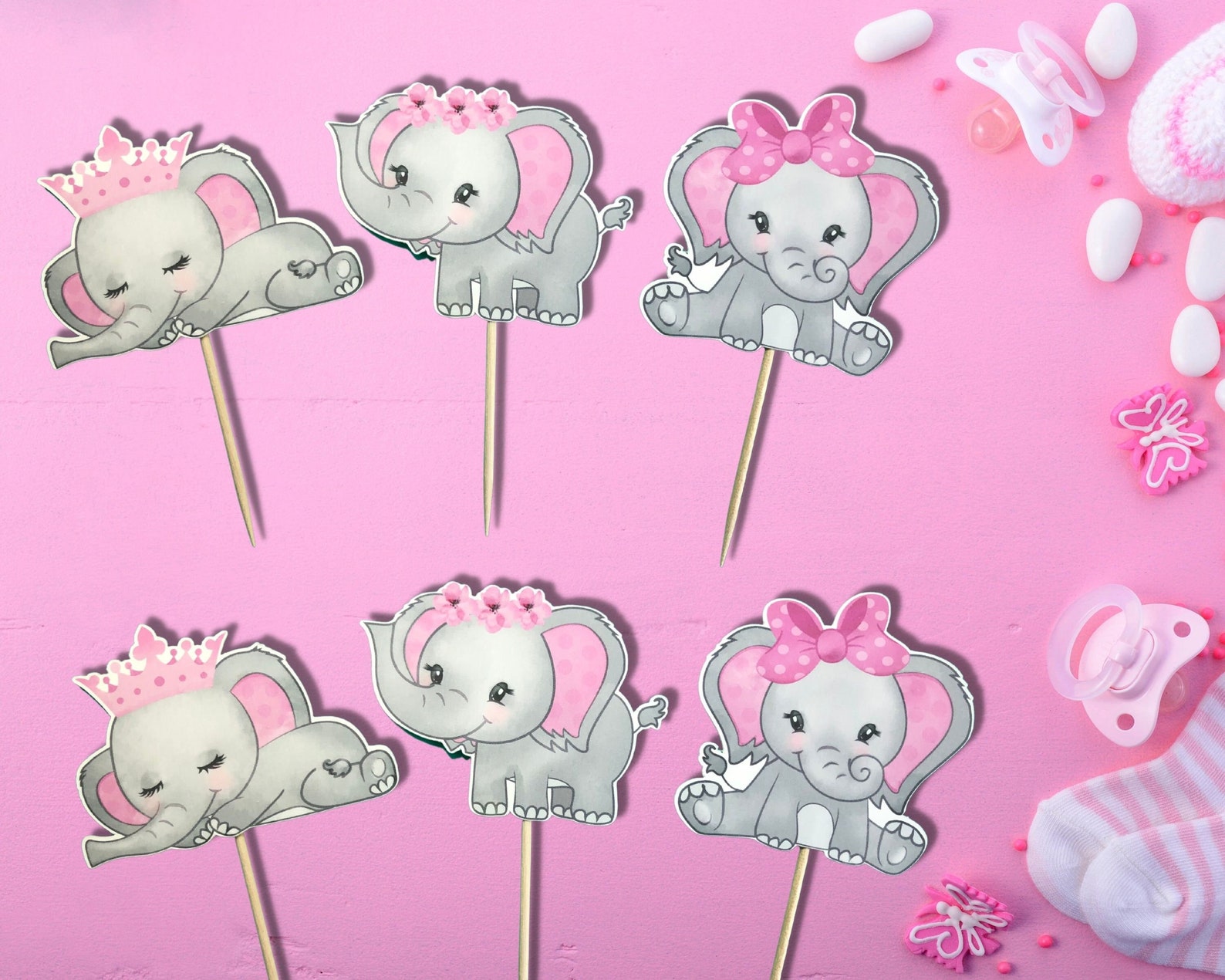 Elephant Baby Shower Elephant Cupcake Toppers Pink Elephant Etsy