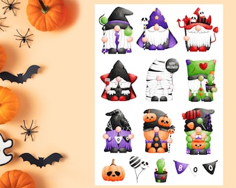 Hoja de pegatinas de gnomos de Halloween, pegatinas de gnomos, pegatinas de Halloween, Boo, planificador, diario, álbum de recortes, etiquetas, sellos de sobre