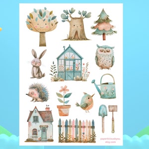 Cute Garden Sticker Sheet, Gardening Stickers, Plant Stickers, Spring, Animal, Botanical, Tree, Plant, Planner, Bullet Journal, Scrapbooking