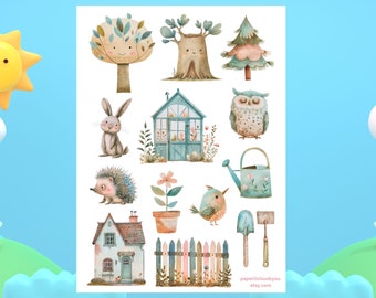 Foglio di adesivi per il giardino, adesivi per il giardinaggio, adesivi per piante, primavera, animali, botanica, alberi, piante, planner, bullet journal, scrapbooking