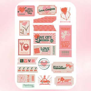 Retro Valentinstag Aufkleber, Valentinstag Aufkleber, rosa Valentinstag, süße Aufkleber, Liebe, Herzen, Planer Aufkleber, Journal, Karten