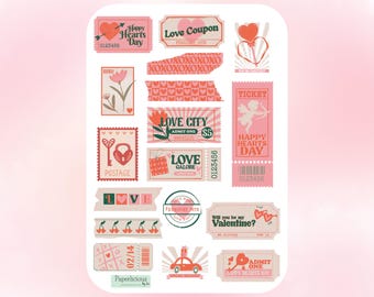 Retro Valentine's Day Sticker Sheet, valentine's day stickers, pink valentine, cute stickers, love, hearts, planner stickers, journal, cards
