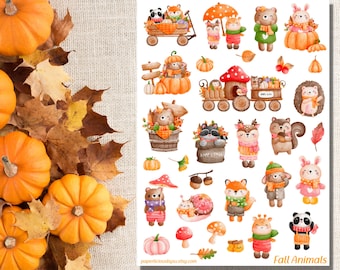 Cute Fall Animal Sticker Sheet, Fall sticker sheet, autumn stickers, pumpkin stickers, forest, woodland, planner, journal, calendar, bujo