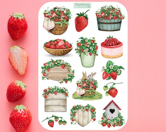 Strawberry Sticker Sheet, strawberry stickers, fruit, garden, plant, botanical, berry, gardening, summer, planner, journal, scrapbooking