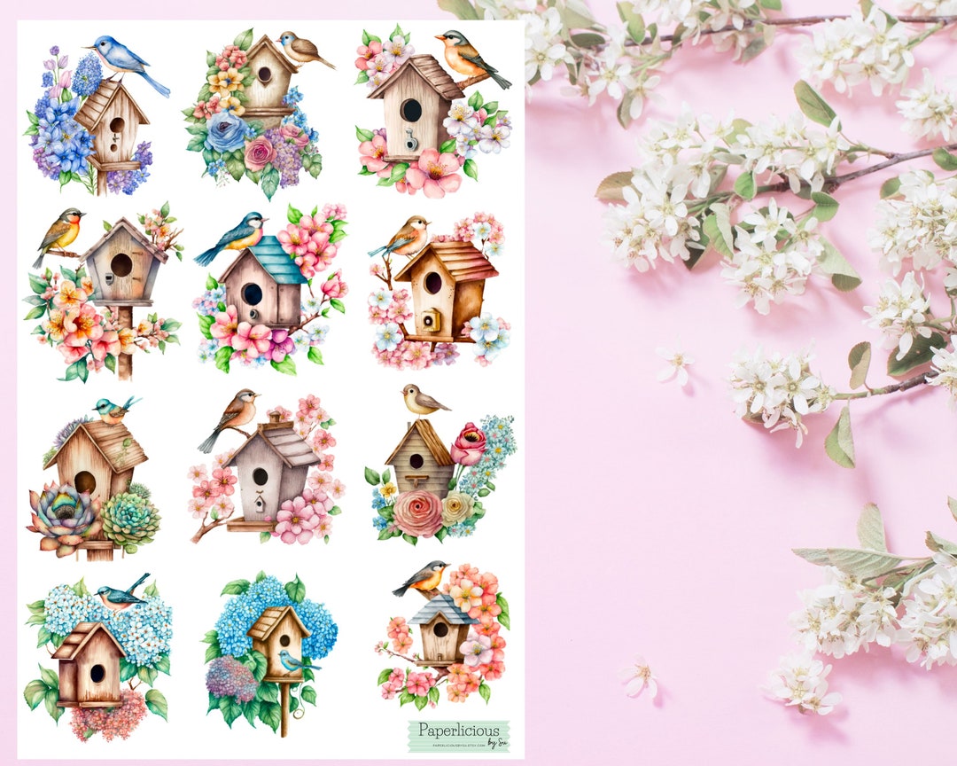 Floral Bird House Sticker Sheet, Bird Stickers, Floral Stickers, Spring