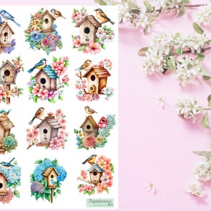 Feuille d'autocollants floraux pour nichoirs, Stickers oiseaux, Stickers floraux, Printemps, Jardin, Jardinage, Botanique, Agenda, Bullet Journal, Scrapbooking