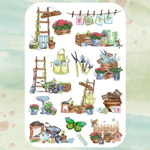 Hoja de calcomanías de jardinería, calcomanías de jardín, calcomanías de plantas, primavera, verano, patio trasero, botánica, planificador, diario, álbum de recortes, tarjeta, sobre