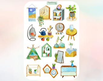 Gemütliches Zuhause Aufkleber, Wohndekor Aufkleber, Leseecke, süßes Zuhause, Möbel, Blumen, Pflanzen, Planer Aufkleber, Journal, Scrapbooking