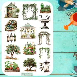 Hoja de pegatinas de jardín de verano, pegatinas de jardinería, plantas, jardín, floración, botánico, planificador, bullet journal, álbum de recortes