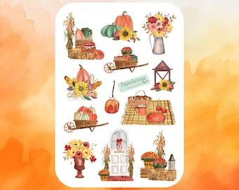 Autumn harvest Sticker Sheet, fall stickers, pumpkin, apple, sunflower, aesthetic, leaf, planner stickers, journal stickers, scrapbooking
