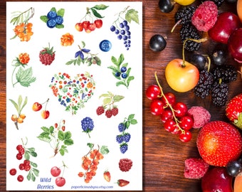 May include: A digital illustration of various wild berries, including blueberries, raspberries, blackberries, cherries, and gooseberries. The berries are arranged in a heart shape and surrounded by leaves and stems. The text "Wild Berries" is written at the bottom of the image.