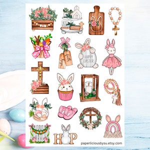 Hoja de pegatinas decorativas de Pascua, pegatinas de Pascua, Feliz Pascua, acuarela, conejito, huevos, primavera, planificador, Bullet Journal, sello de sobre, cuaderno