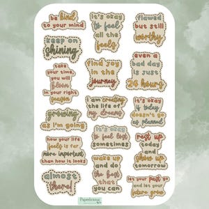 Hoja de pegatinas con frases de autocuidado, pegatinas de salud mental, amor propio, citas inspiradoras, afirmaciones, planificador, diario, scrapbooking