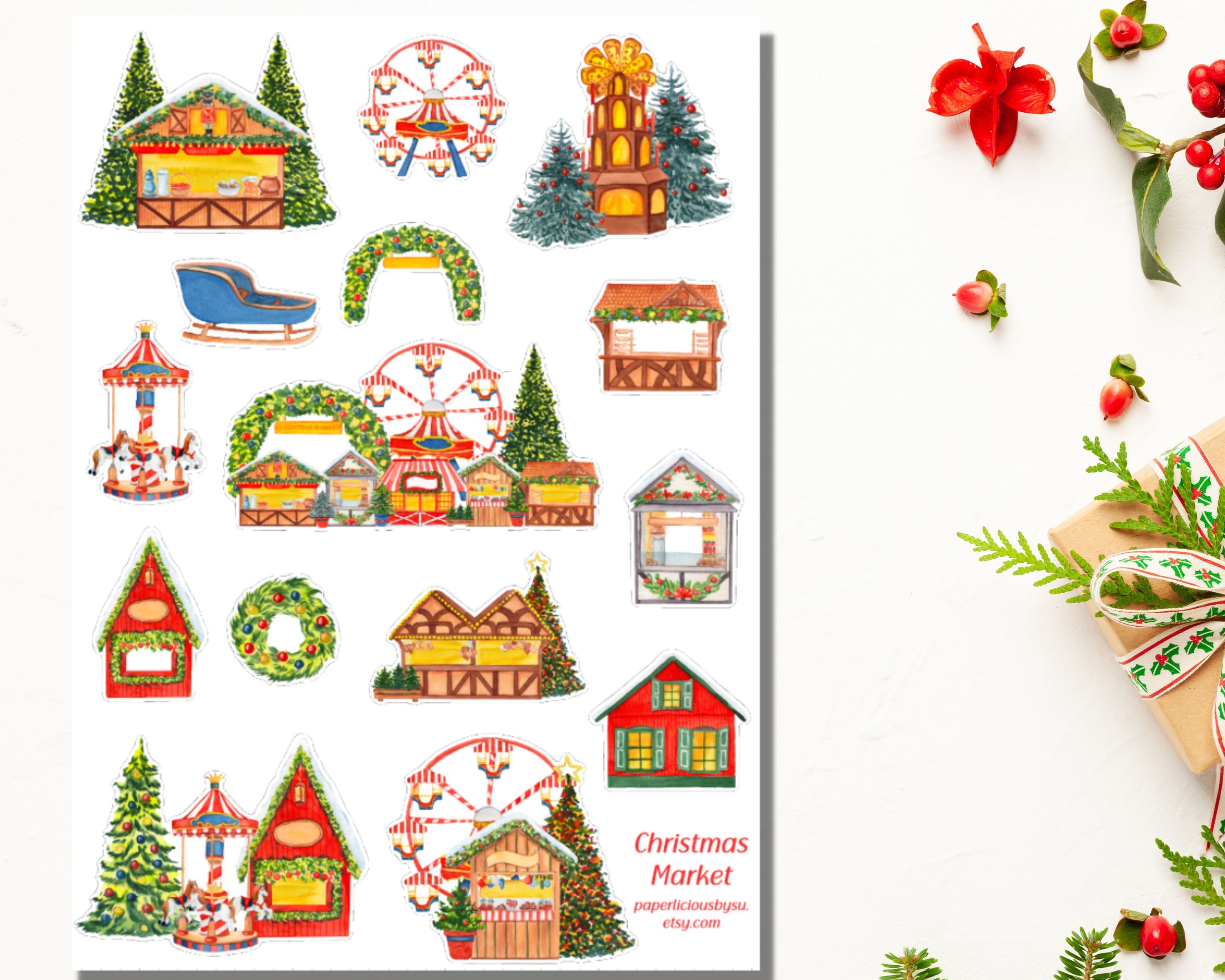 Christmas Market Sticker Sheet, Christmas stickers, holiday stickers, xmas, winter sticker, Planner, Bullet Journal, Bujo, Scrapbooking