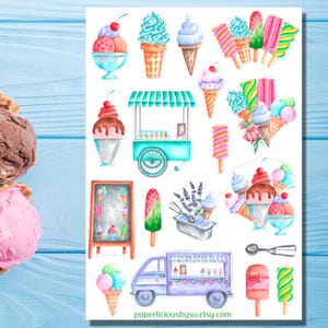 Feuille d'autocollants pour crème glacée, autocollants pour crème glacée, popsicle, été, salon de crème glacée, sundae, friandises froides, fin gourmet, agenda, journal, album