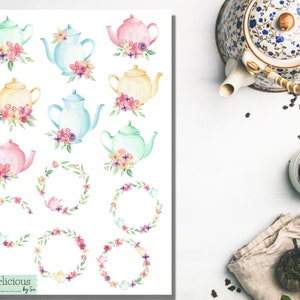 May include: A set of watercolor illustrations featuring teapots with floral accents. The teapots are in various colors, including pink, blue, and green. The illustrations are surrounded by wreaths of flowers.