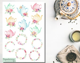 Folha de adesivos para bule e guirlanda em aquarela, adesivos para bule, hora do chá, chá da tarde, amante de chá, planejador, diário com marcadores, álbum de recortes