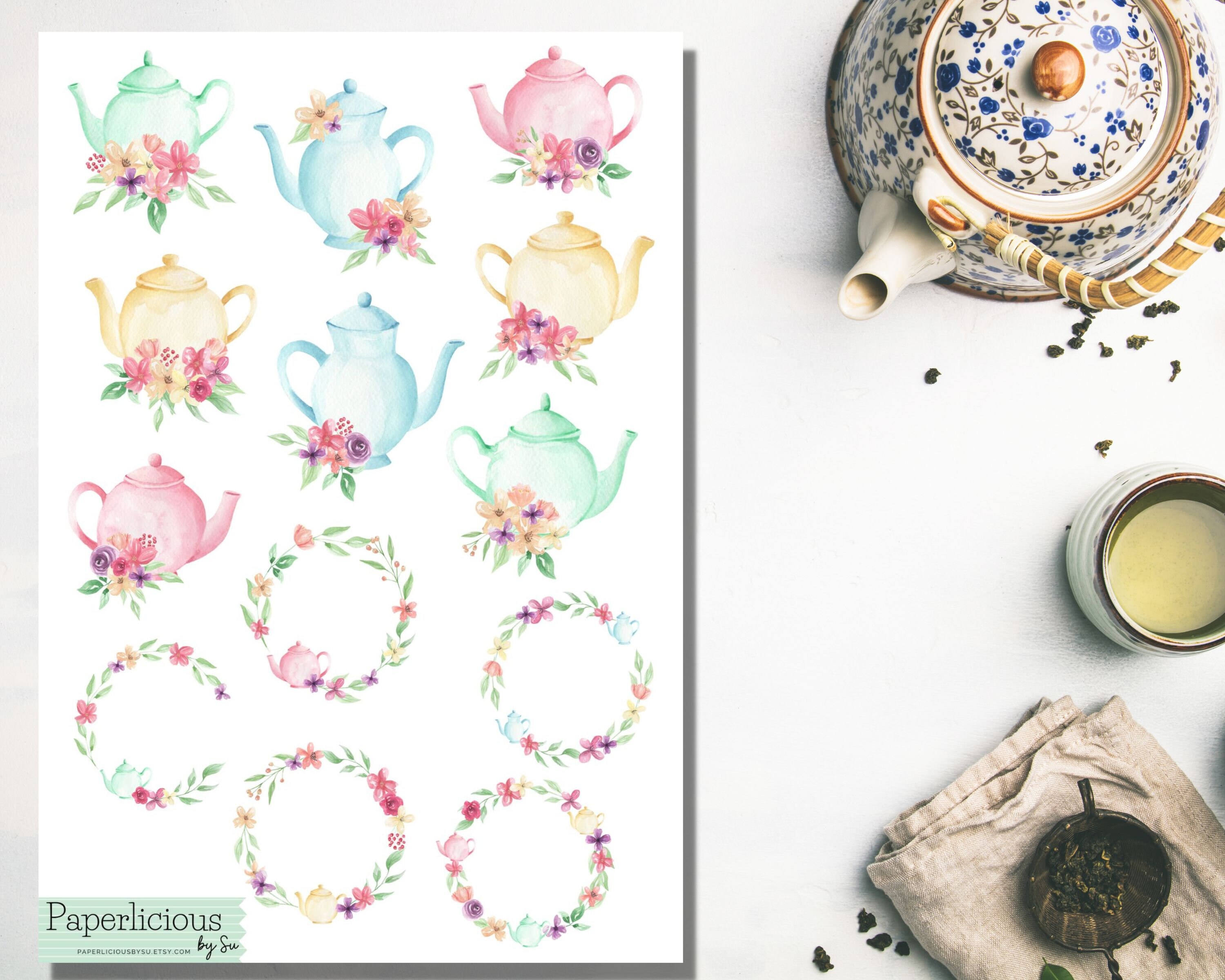 Teapot Sticker Watercolor Teapot & Wreath Sticker Sheet, Teapot Stickers, Teatime ...