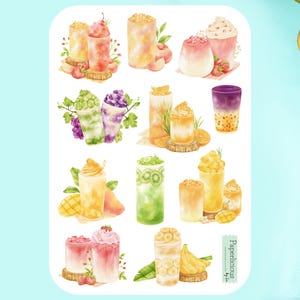 Fruit Smoothie Sticker Sheet, süße Smoothie Sticker, tropisch, Mango, Erdbeere, Kiwi, Banane, Pfirsich, Essen, Sommer, für Planer, Journals