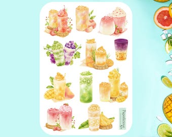 Fruit Smoothie Sticker Sheet, cute smoothie stickers, tropical, mango, strawberry, kiwi, banana, peach, food, summer, planner, journal