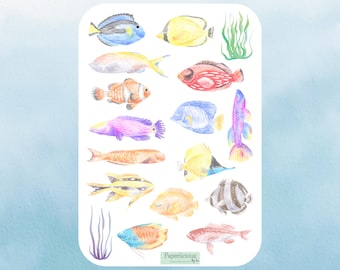 Hoja de pegatinas de peces de acuarela, pegatinas de peces, animales del océano, peces tropicales, naturaleza, bajo el mar, planificador, diario, calendario, álbum de recortes