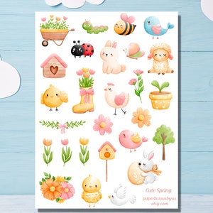 Feuille d’autocollants de printemps mignon, autocollant de printemps, autocollants floraux, feuille d’autocollants de printemps, jardin, lapin, poussin, planificateur, Bullet Journal, album