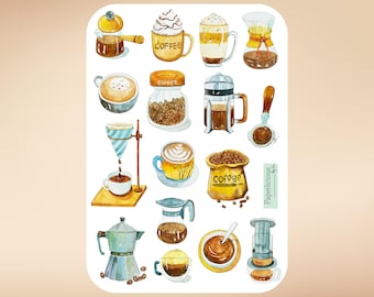 Ark med kaffeklistermärken, kaffeklistermärken, kafé, kaffeälskare, latte, café, matälskare, drycker, planeringsklistermärken, dagbok, scrapbooking