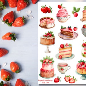 Strawberry Cake Sticker Sheet, strawberry stickers, dessert, foodie, fruit sticker, tea time, afternoon tea, planner, journal, scrapbooking