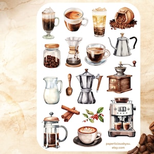 Hoja de pegatinas de café, pegatinas de café, amante del café, café con leche, cafetería, amante de la comida, barista, pegatinas de planificador, pegatinas de diario, bujo, álbum de recortes