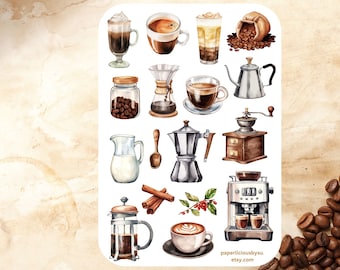 Feuille d'autocollants pour café, autocollants pour café, amateur de café, café au lait, café, fin gourmet, barman, autocollants pour agenda, autocollants pour journaux intimes, bujo, scrapbooking