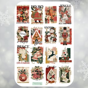 Könnte beinhalten: Ein Bogen mit Aufklebern zum Thema Weihnachten mit verschiedenen Designs. Die Aufkleber zeigen Bilder von Weihnachtsmännern, Weihnachtsbäumen, Schneemännern, Glocken und Ornamenten. Der Text enthält "Farm Fresh", "Ho Ho", "Jingle", "Merry & Bright" und "Deck the Halls".