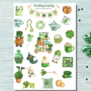 Feuille d'autocollants pour la Saint-Patrick, autocollants porte-bonheur, irlandais, trèfle, trèfle, lutin, agenda, Bullet Journal, Bujo, scrapbooking