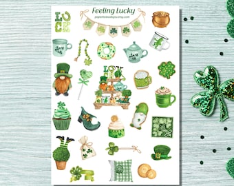 St Patrick's Day Sticker Sheet, good luck stickers, Irish, clover, shamrock, leprechaun, Planner, Bullet Journal, Bujo, Scrapbooking