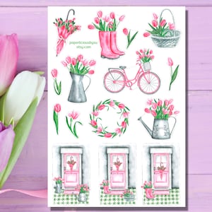 Feuille d'autocollants tulipes, autocollants bouquet, autocollants fleurs, printemps, jardin, jardinage, autocollants floraux, agenda, Bullet Journal, scrapbooking, bujo