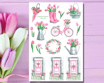Stickervel tulp, boeketstickers, bloemstickers, lente, tuin, tuinieren, bloemenstickers, planner, Bullet Journal, plakboek, bujo