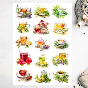 Folha de adesivos de chá de ervas, adesivos de chá, herbalismo, ervas, saudável, bem-estar, amante de chá, planta, orgânico, planejador, diário, scrapbooking