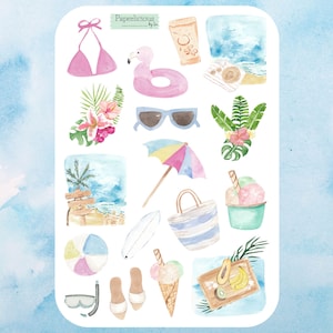 Sommer Sticker Bogen, Sommer Sticker, Hibiskus, Urlaub, Strand, Tropisch, Kurzurlaub, Ozean, Meer, Planer Aufkleber, Journal, Scrapbooking
