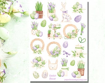 Aquarell Osterdeko Sticker Bogen, Ostersticker, Osterhase, Kranz, Frühling, Planer, Bullet Journal, Kalender, Briefumschlag Aufkleber